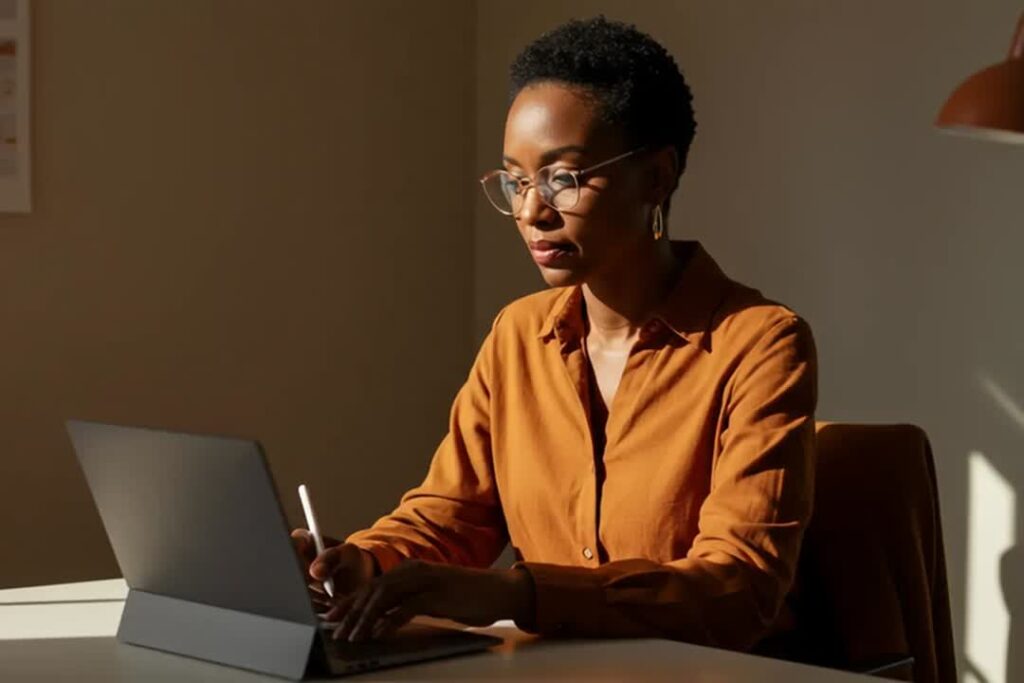 Persona trabajando de noche en su computadora conectada al servidor de la oficina